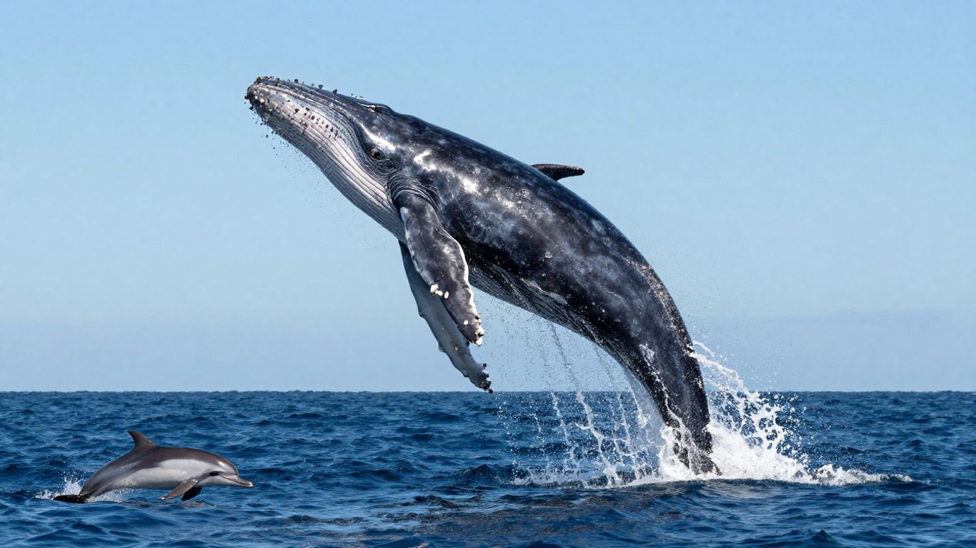 Baleia e golfinho saltando da água.