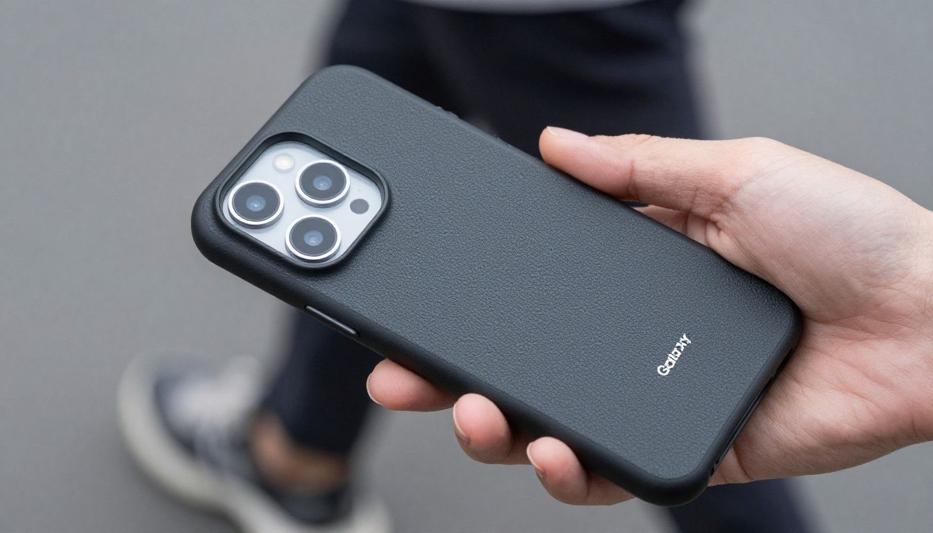 A close-up of someone's hands securely holding a Galaxy S25 Edge in a textured, non-slip case while walking outdoors.
