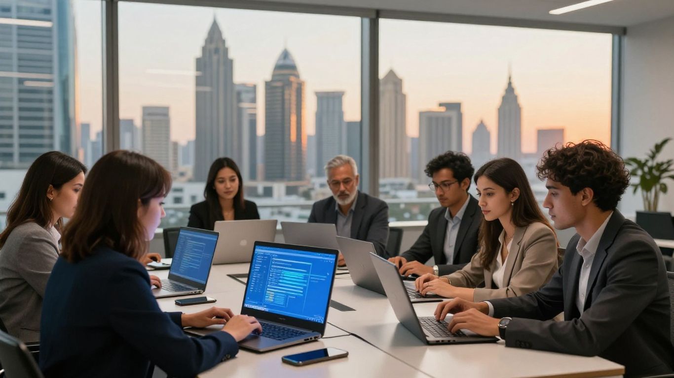 Dubai skyline with marketers using AI dashboards