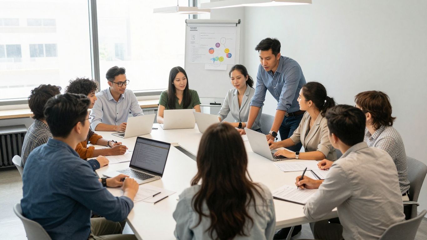 Grupo de personas trabajando en equipo en oficina abierta