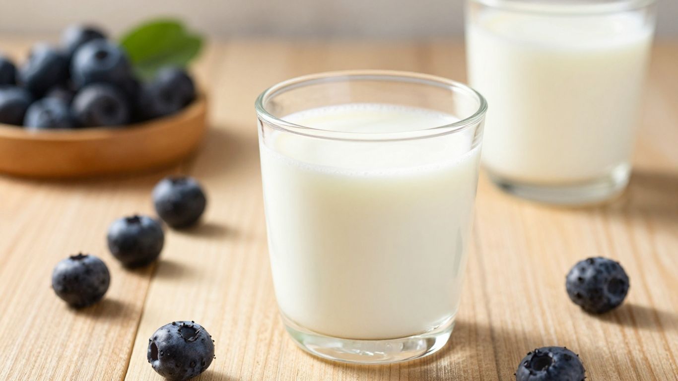 Glass of kefir with berries on a table.