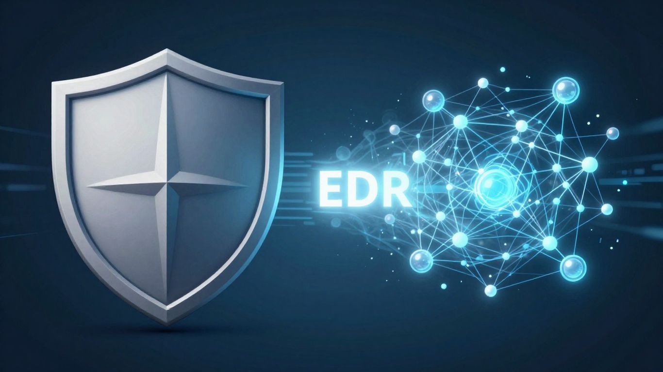 Antivirus shield versus glowing digital network.