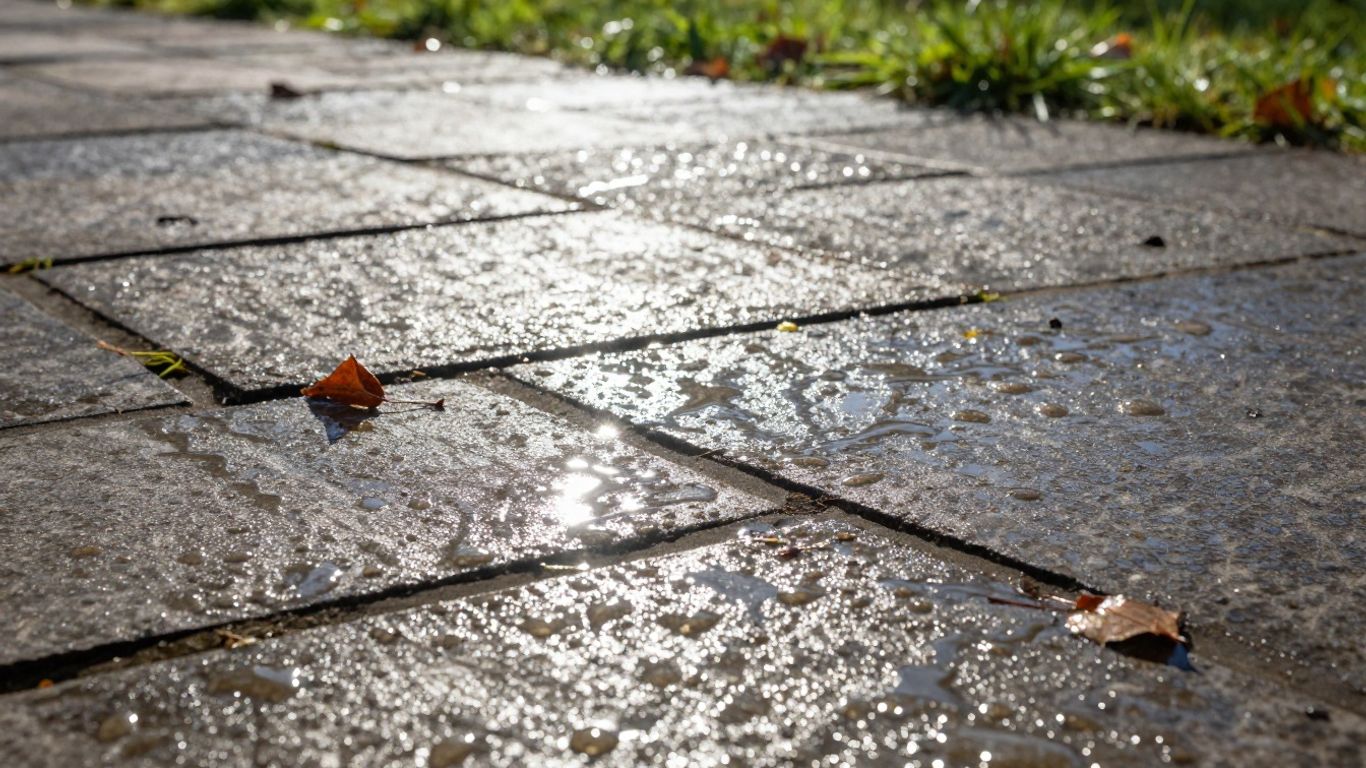 Cleaned stone patio in early spring sunlight.