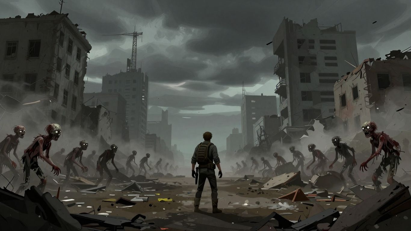 Survivor fighting zombies in a ruined city.