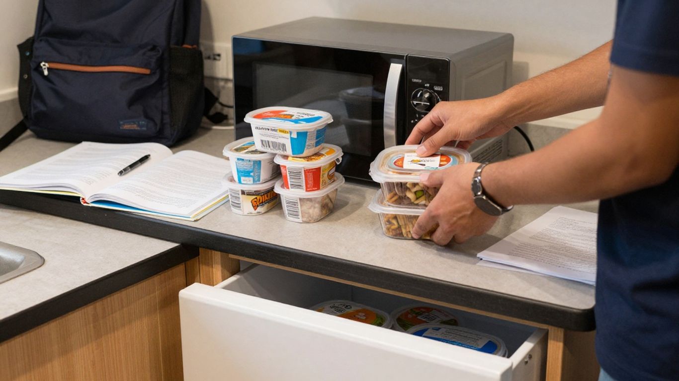 Student unpacking frozen meals in university kitchen