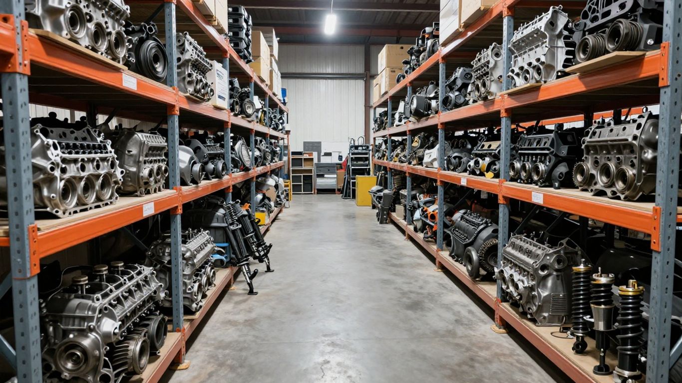 Recycled automotive parts stacked in a neat warehouse