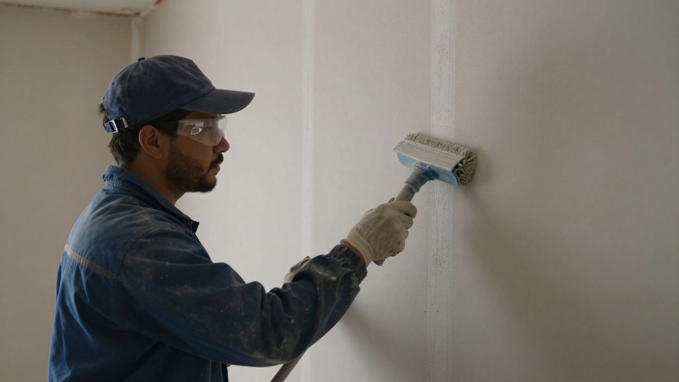 Worker cleaning drywall dust from a construction site.