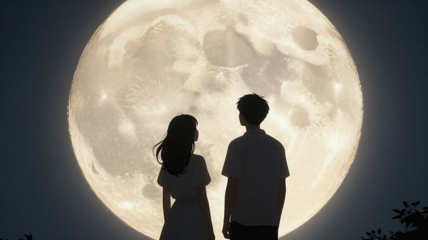 Couple gazing at a full moon in the night sky.