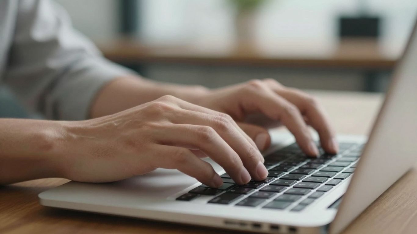 Person typing on a laptop keyboard for online research.