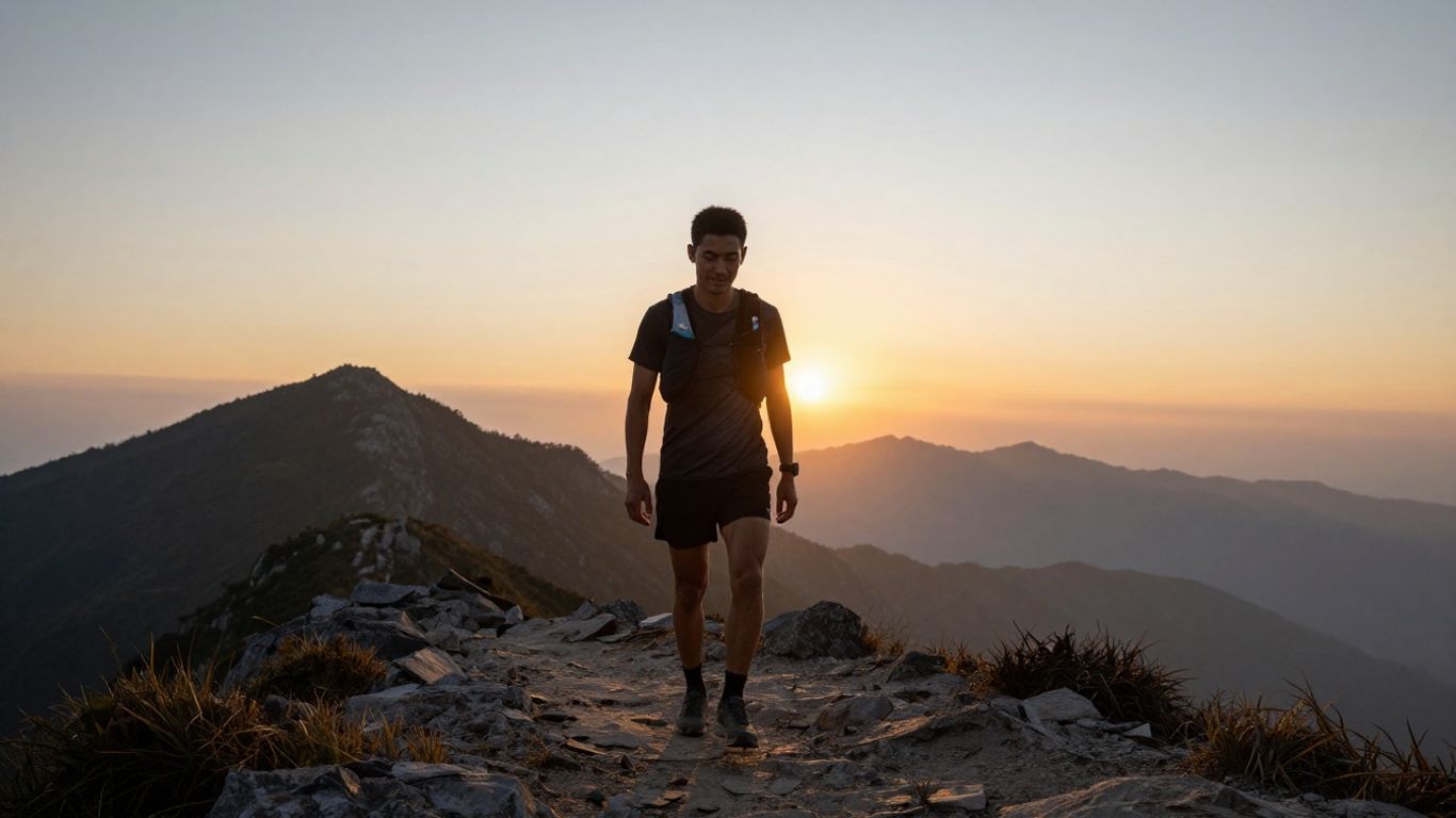 Runner resting peacefully on a mountain trail at sunrise.