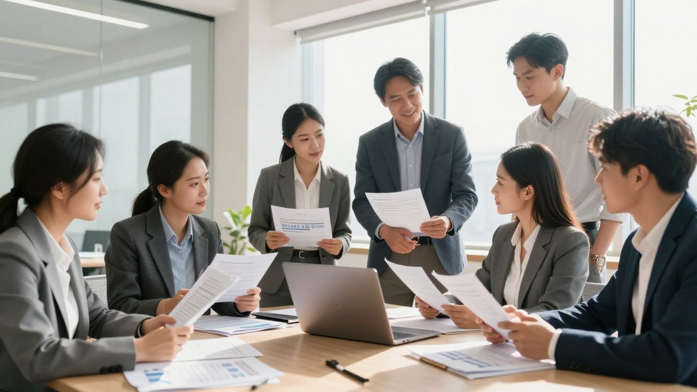 Business owners reviewing financial documents and shaking hands.