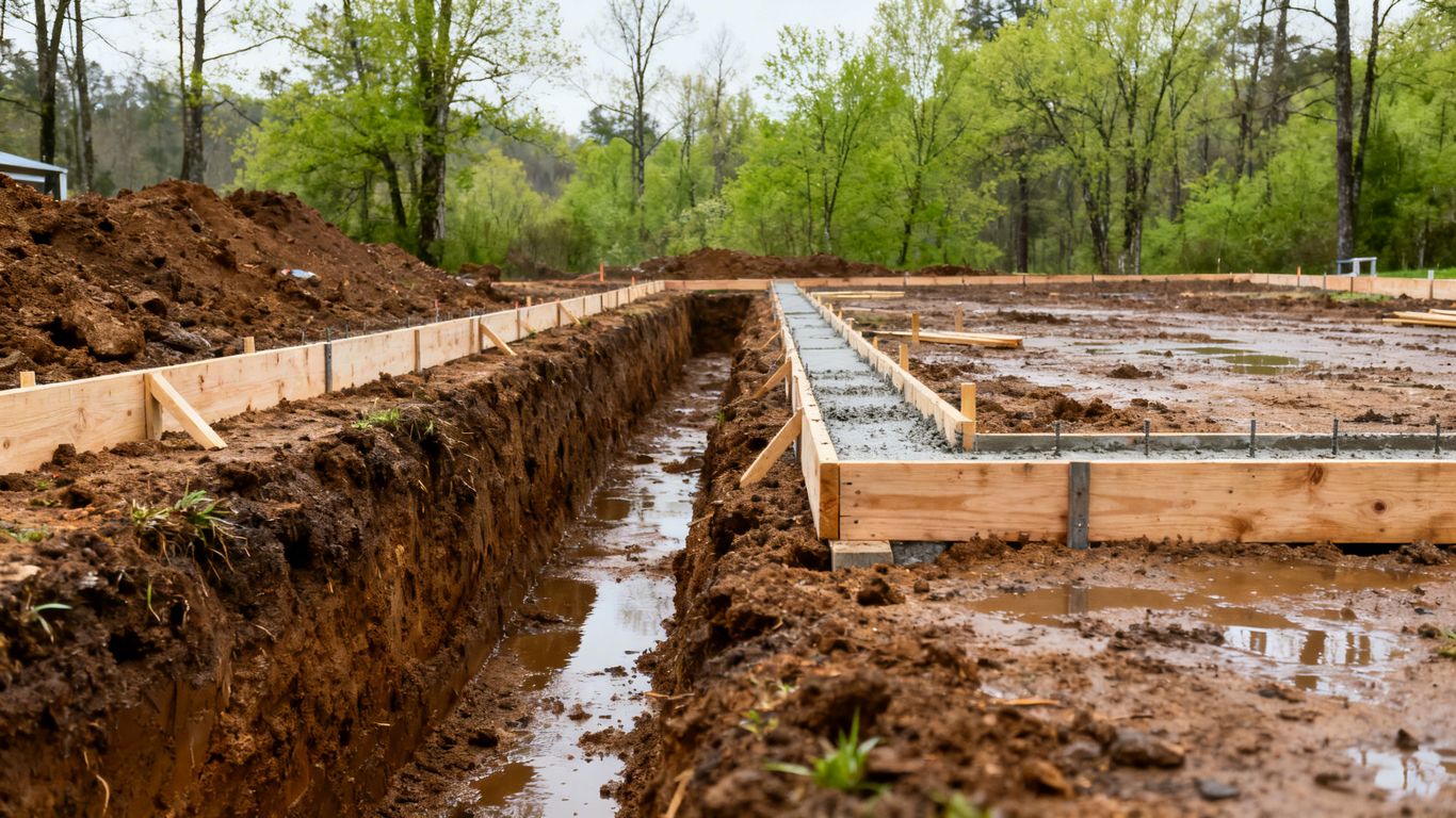 Trenches dug for building footings and foundation prep.