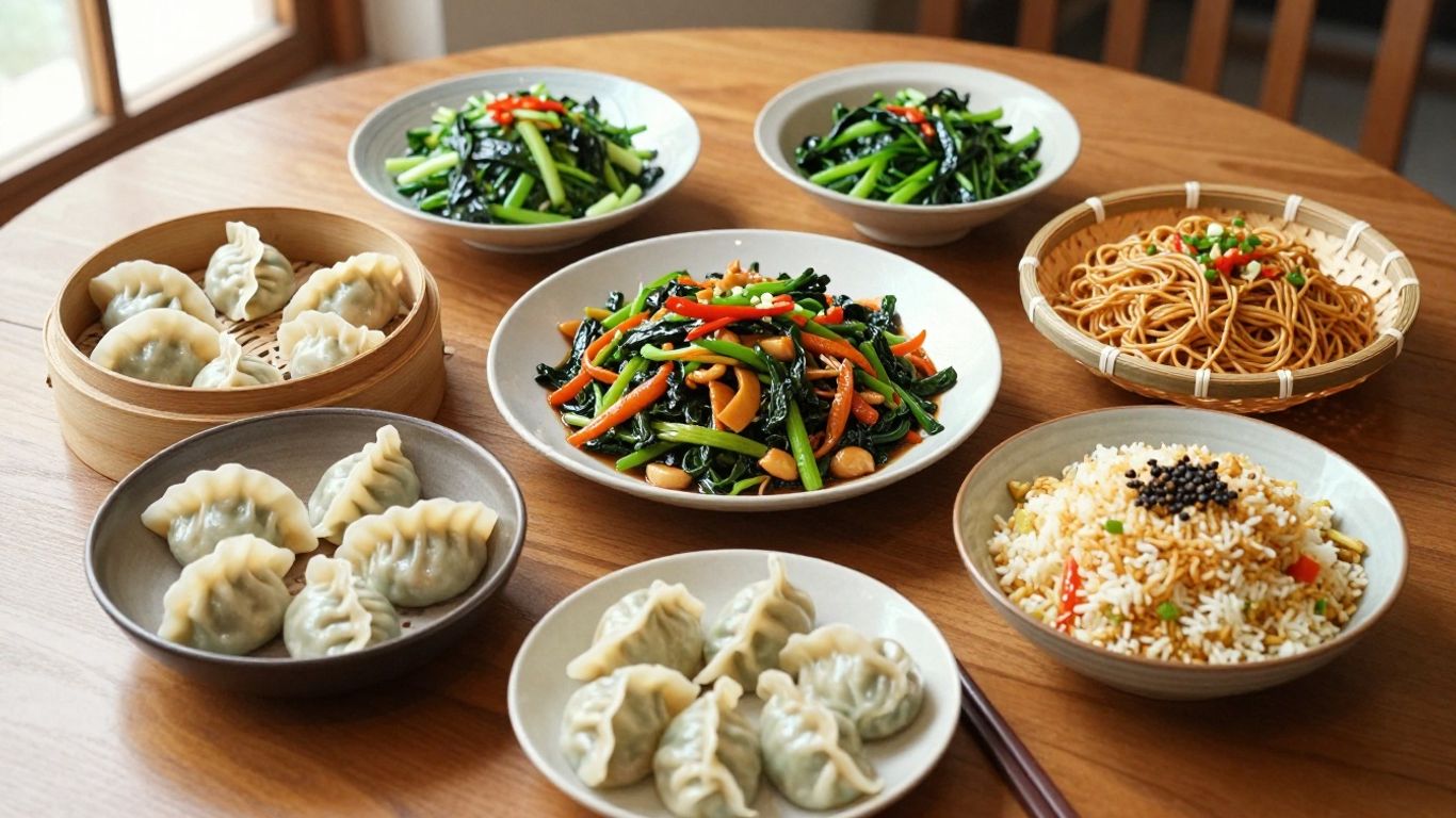 A colorful Chinese meal arranged on a table