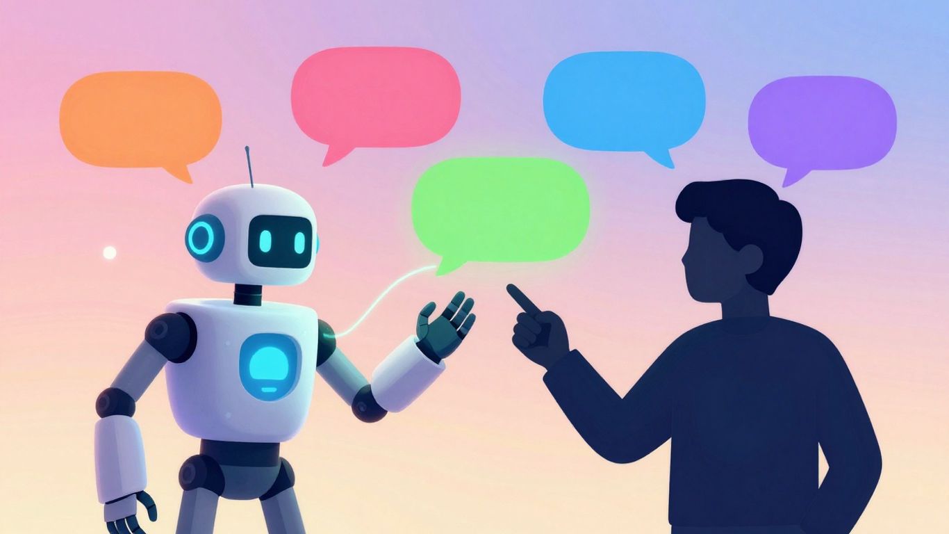 Robot and human communicating with colorful speech bubbles.