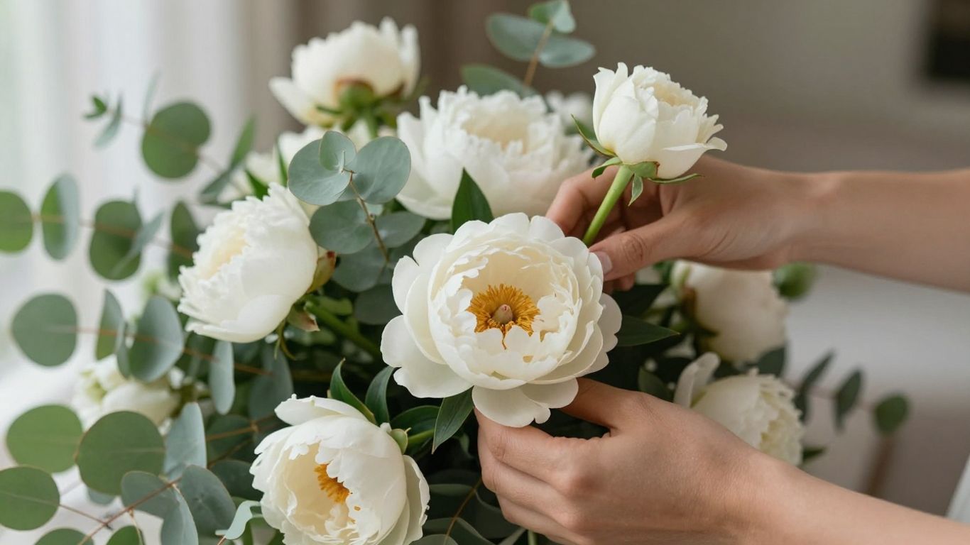 Elegant wedding flowers arrangement with roses and peonies.
