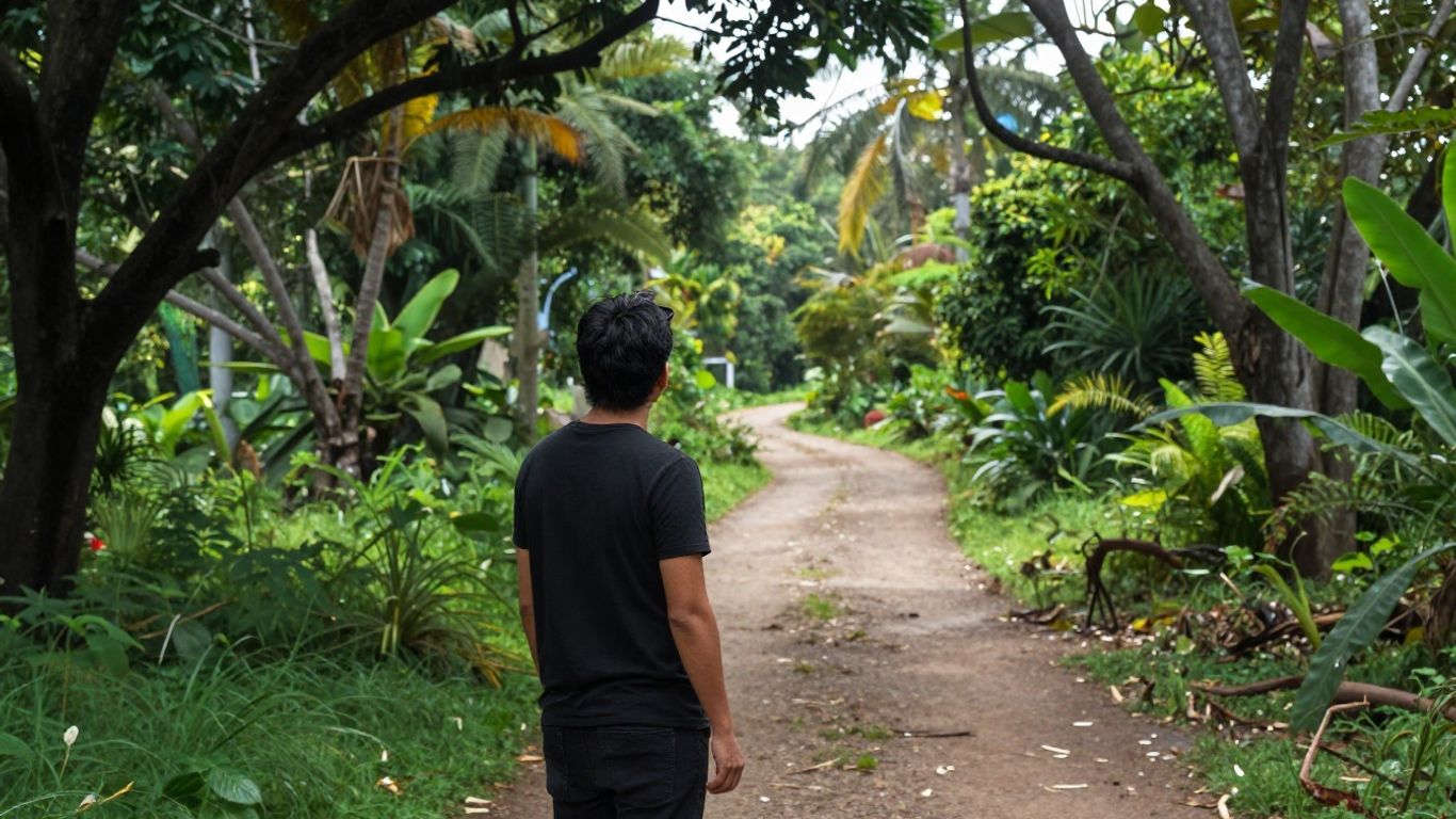 Person looking at a winding path in a landscape.