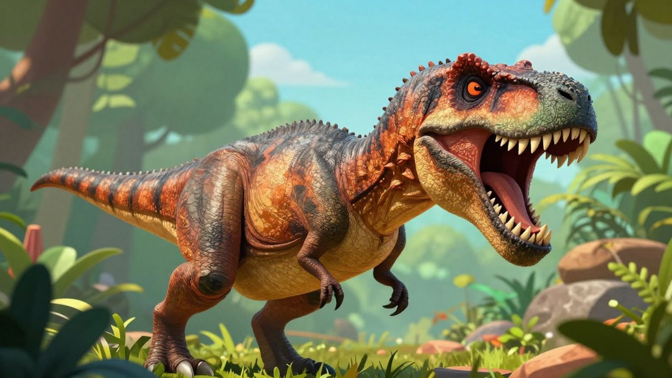 Illustrative Tyrannosaurus Rex roaring in a game environment.