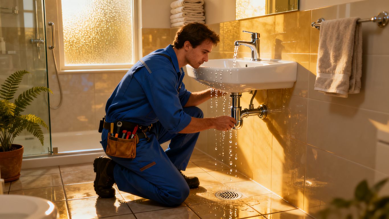 Plumber performing maintenance in a bright, clean bathroom.