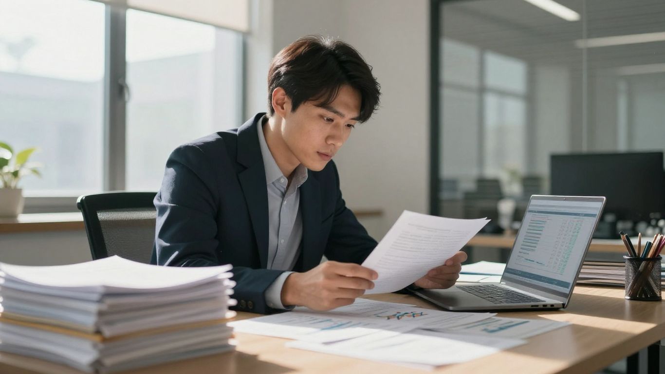 Business owner reviewing financial documents in an office.