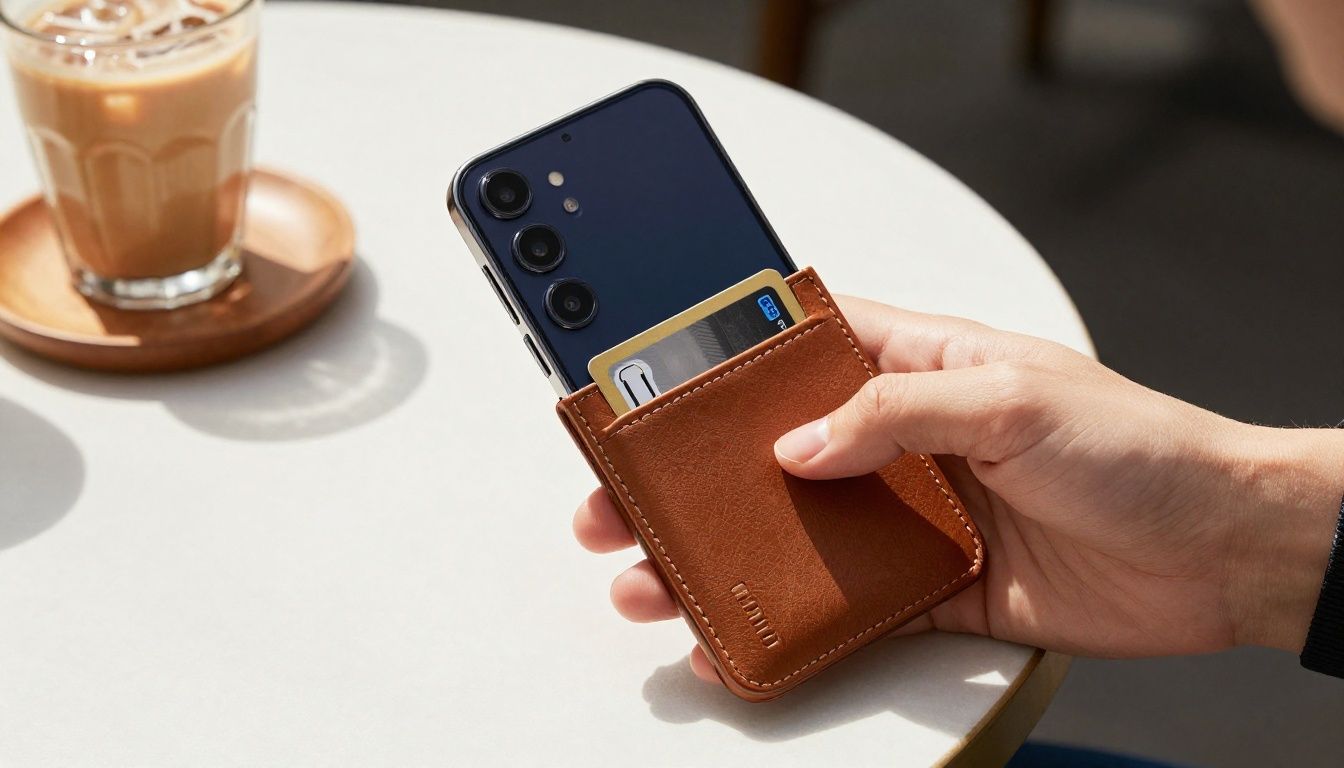 A person sitting at a sunlit cafe table in Melbourne, holding their Galaxy S25 FE in a brown leather wallet case, with their bank card partially visible in a slot.