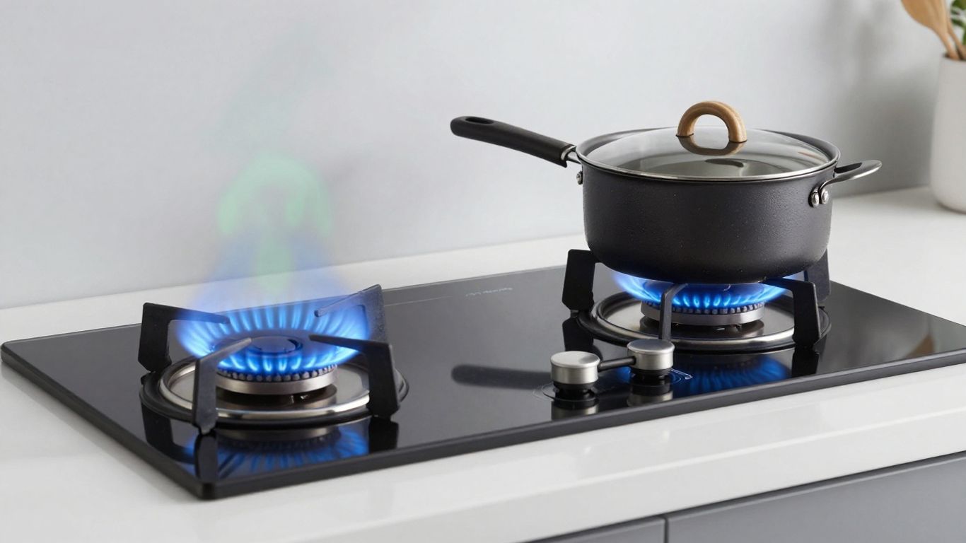 Flamme de gaz et plaque à induction chauffant une casserole.