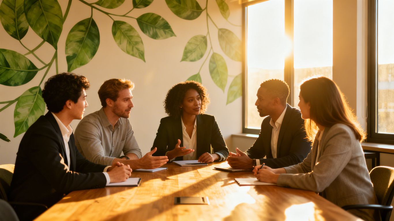 Business professionals collaborating, green leaf motif, optimistic atmosphere.