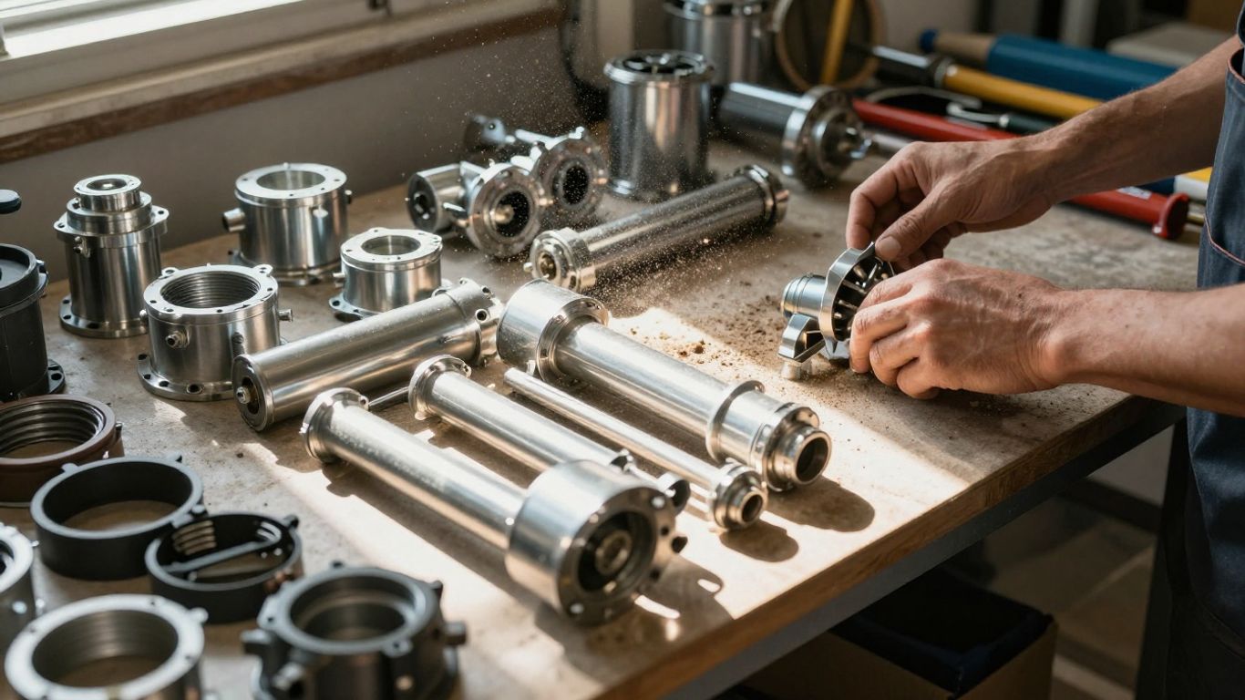 HVAC parts and tools organized in a workshop.