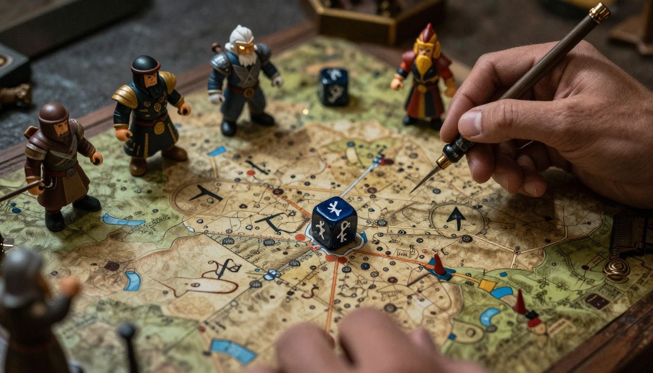 Heróis de Rune Dice organizando runas, dados mágicos e equipamentos antes de uma batalha em um mapa de fantasia