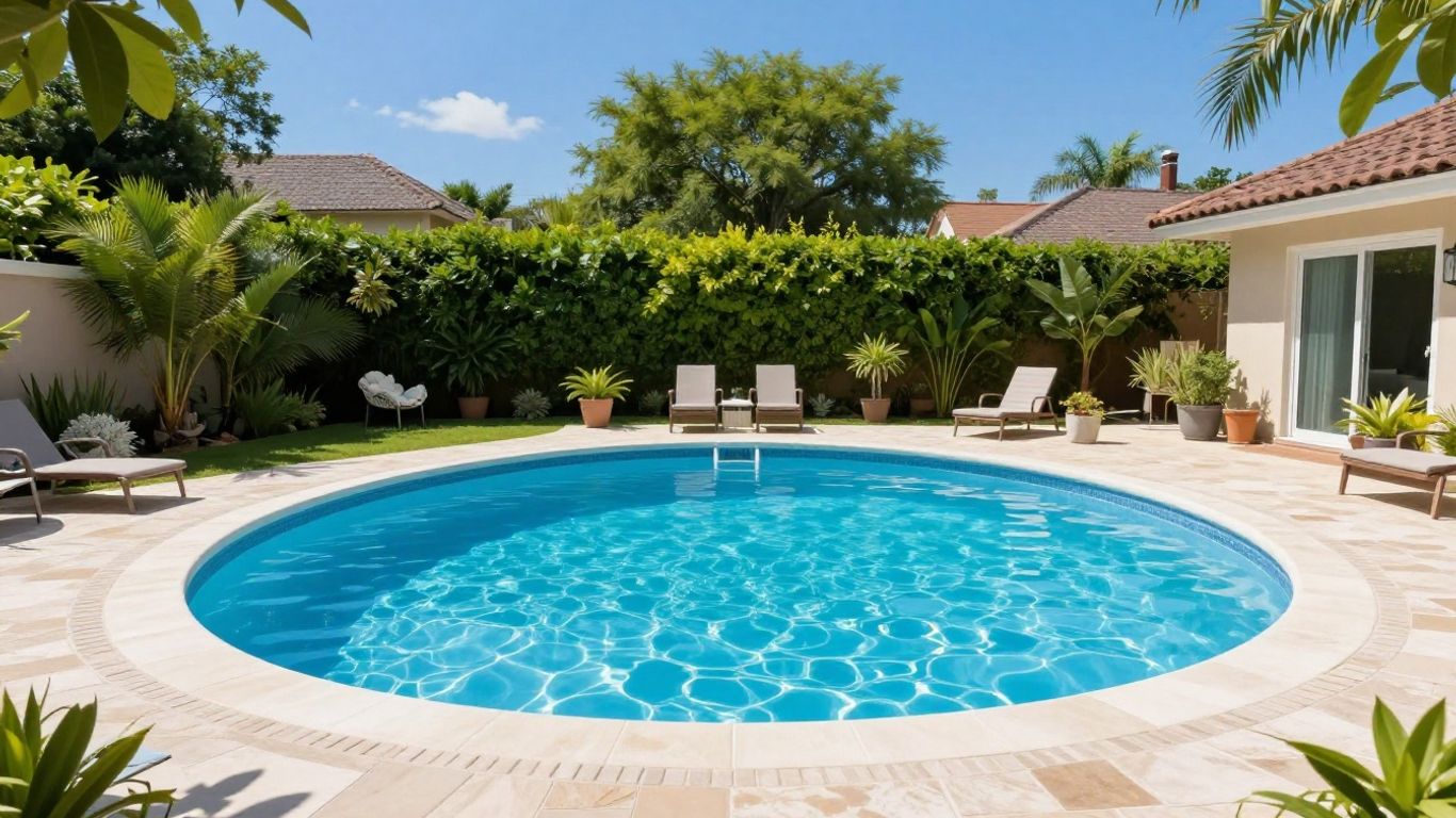 Fiberglass pool shape in a backyard setting.