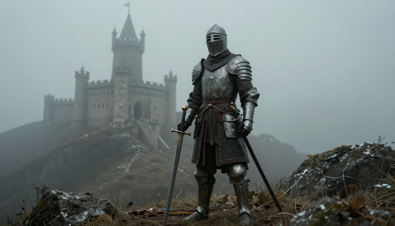 Um cavaleiro com armadura brilhante segurando uma espada mágica diante de um castelo imponente em uma montanha coberta por névoa
