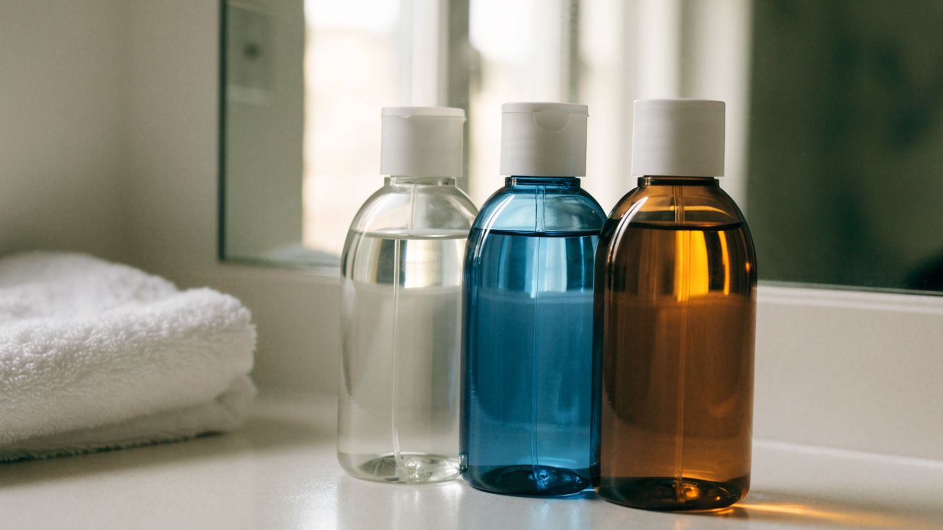 A few personal lubricant bottles arranged on a clean bathroom shelf
