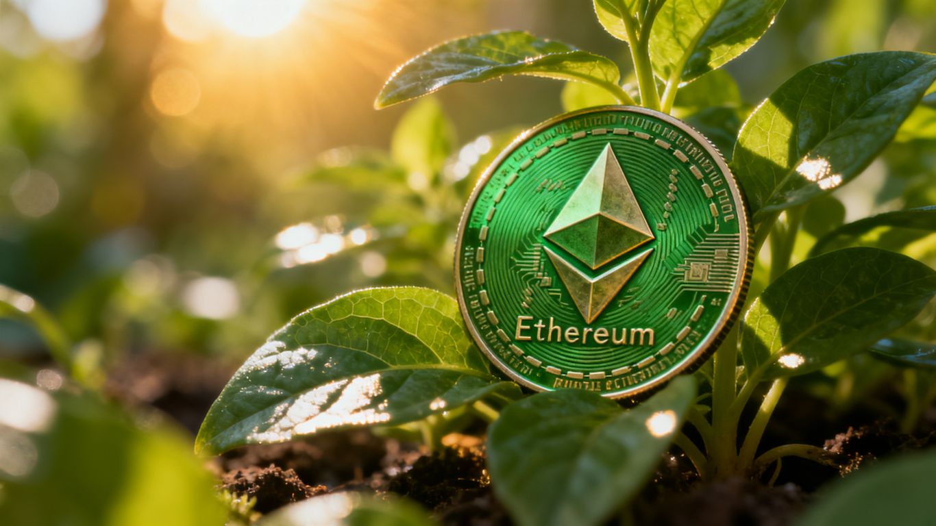 Green Ethereum logo growing from a plant.
