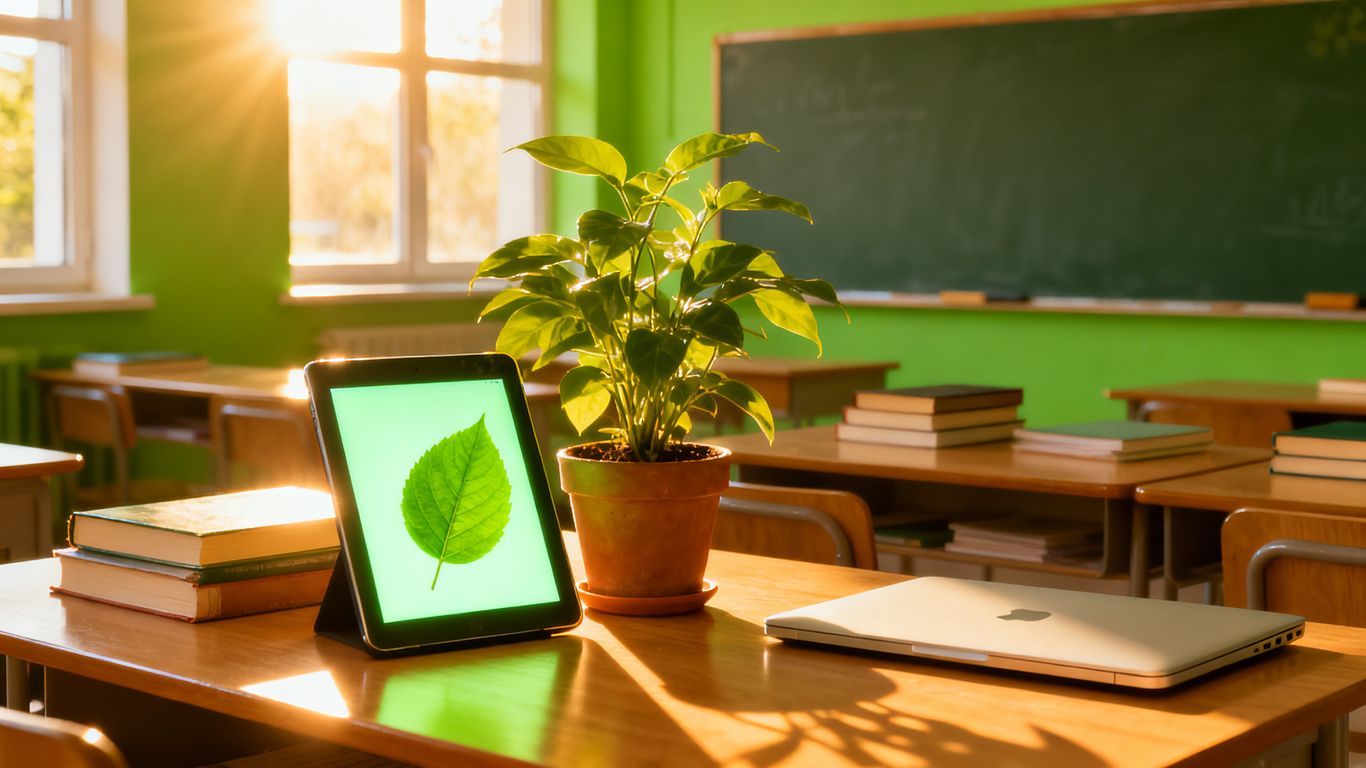 Classroom with tablet, plant, and sunlight.