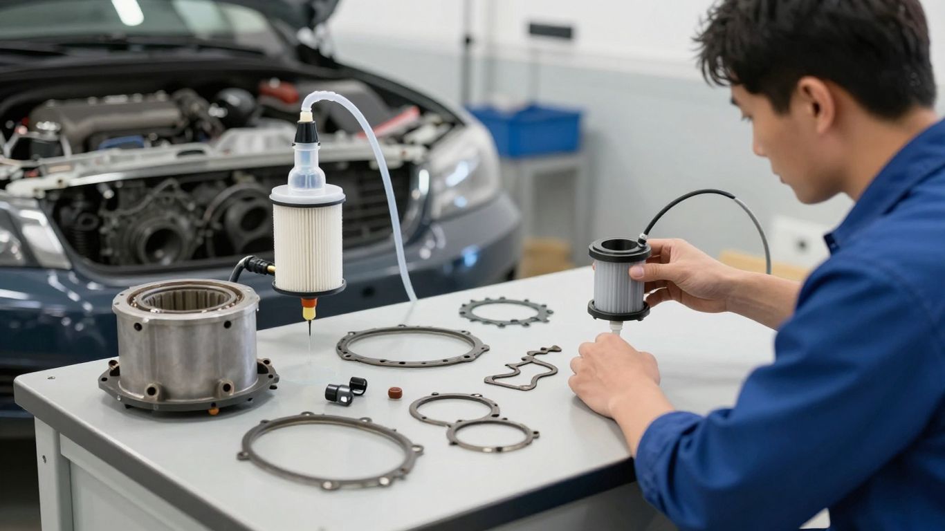 Technician servicing a vehicle transmission