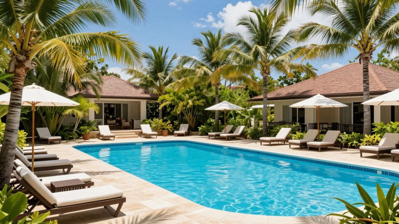 Tropical resort pool with palm trees and lounge chairs.