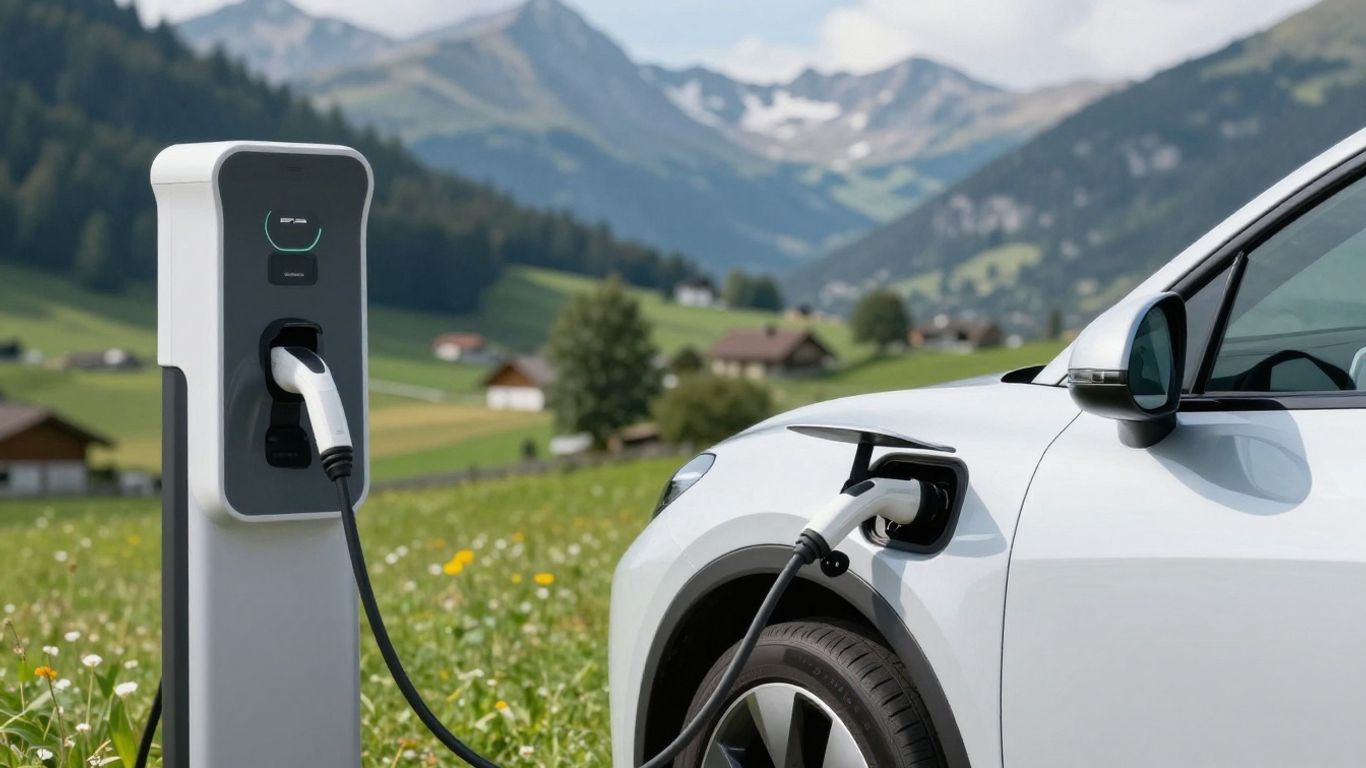 Elektroauto lädt an Ladestation in Schweizer Berglandschaft.