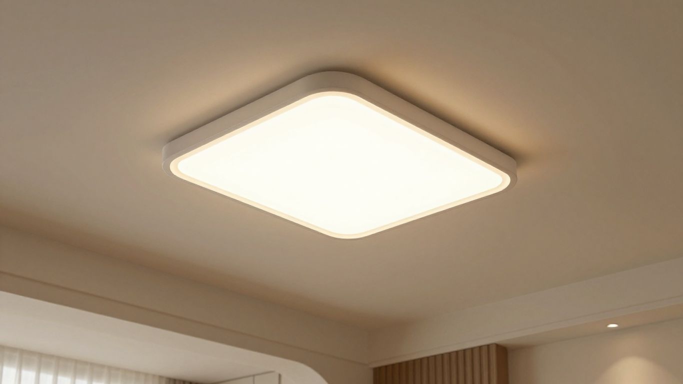 Modern flush light fitting illuminating a living room.