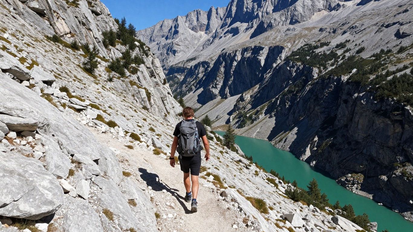 Hiker above the rugged Bastidon trail