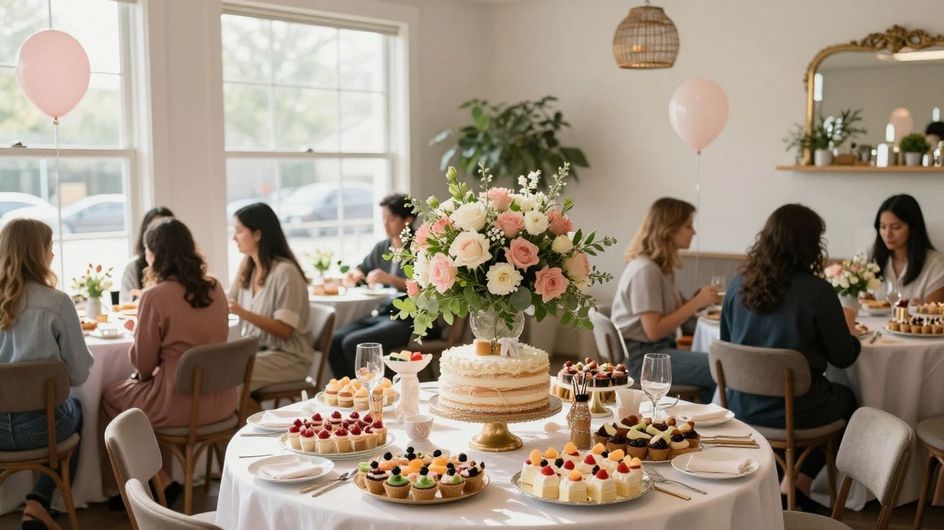 Elegant baby shower venue in Dallas with decorations and cake.