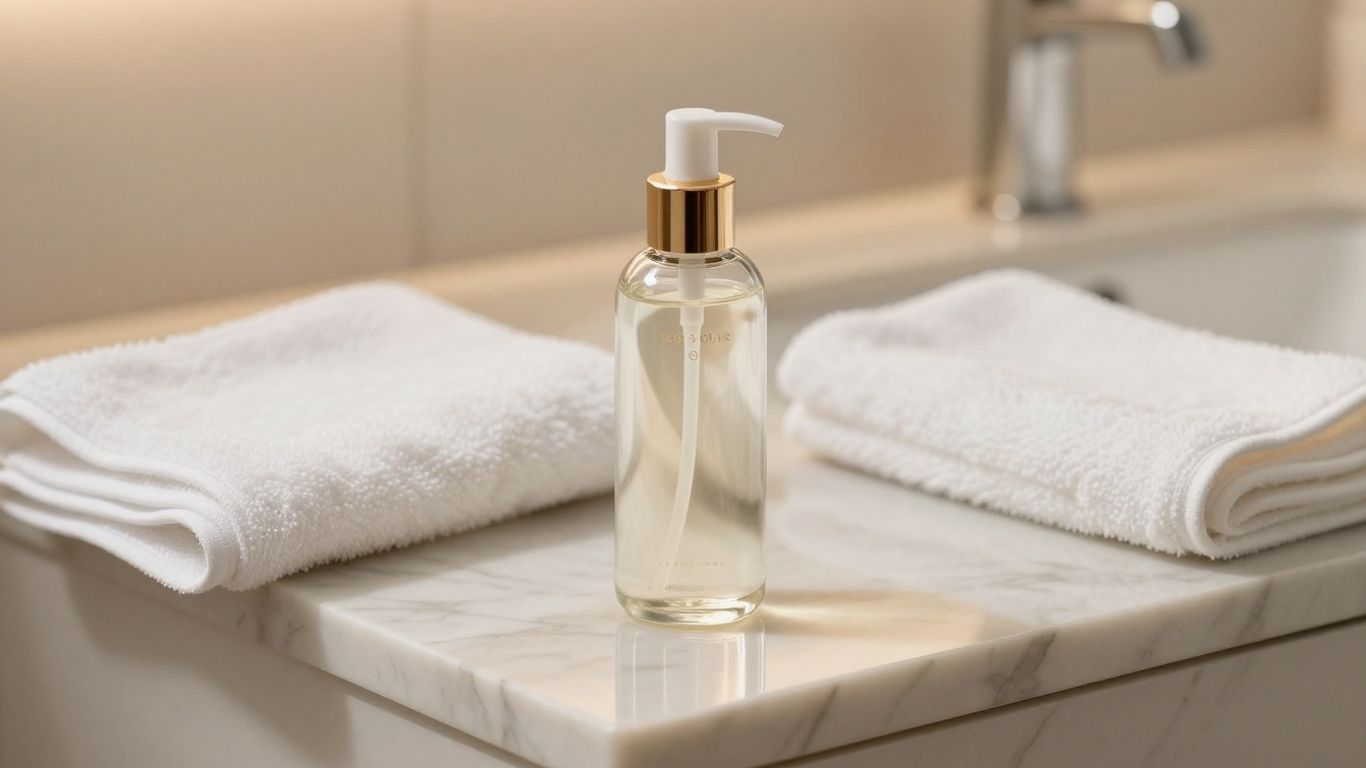 A elegant glass bottle of lubricant on a vanity
