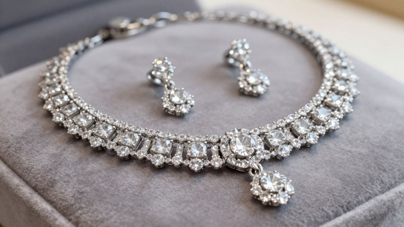 Sparkling diamond necklace and earrings on velvet cushion.