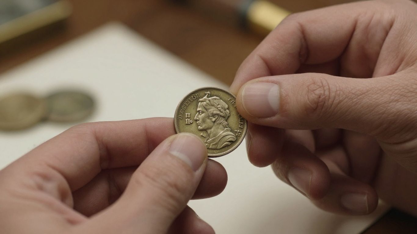 Numismatist examining an old coin