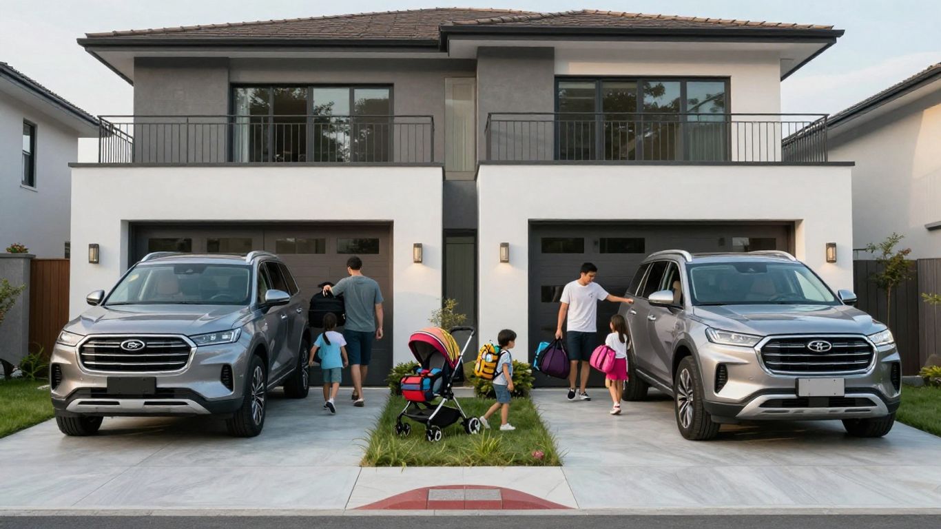Familien-SUV vor modernem Wohnhaus