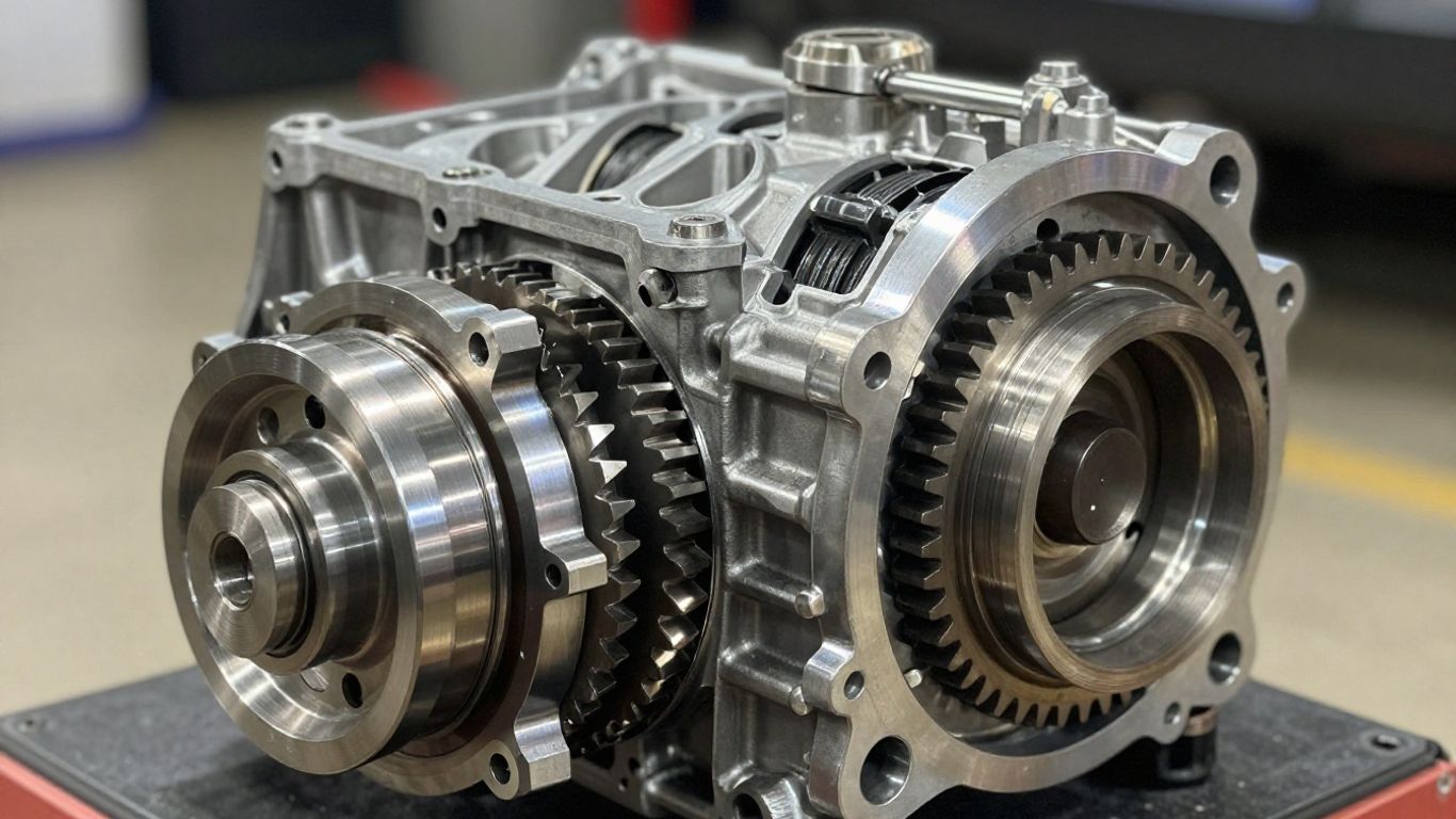Rebuilt car transmission with visible gears and metal components.