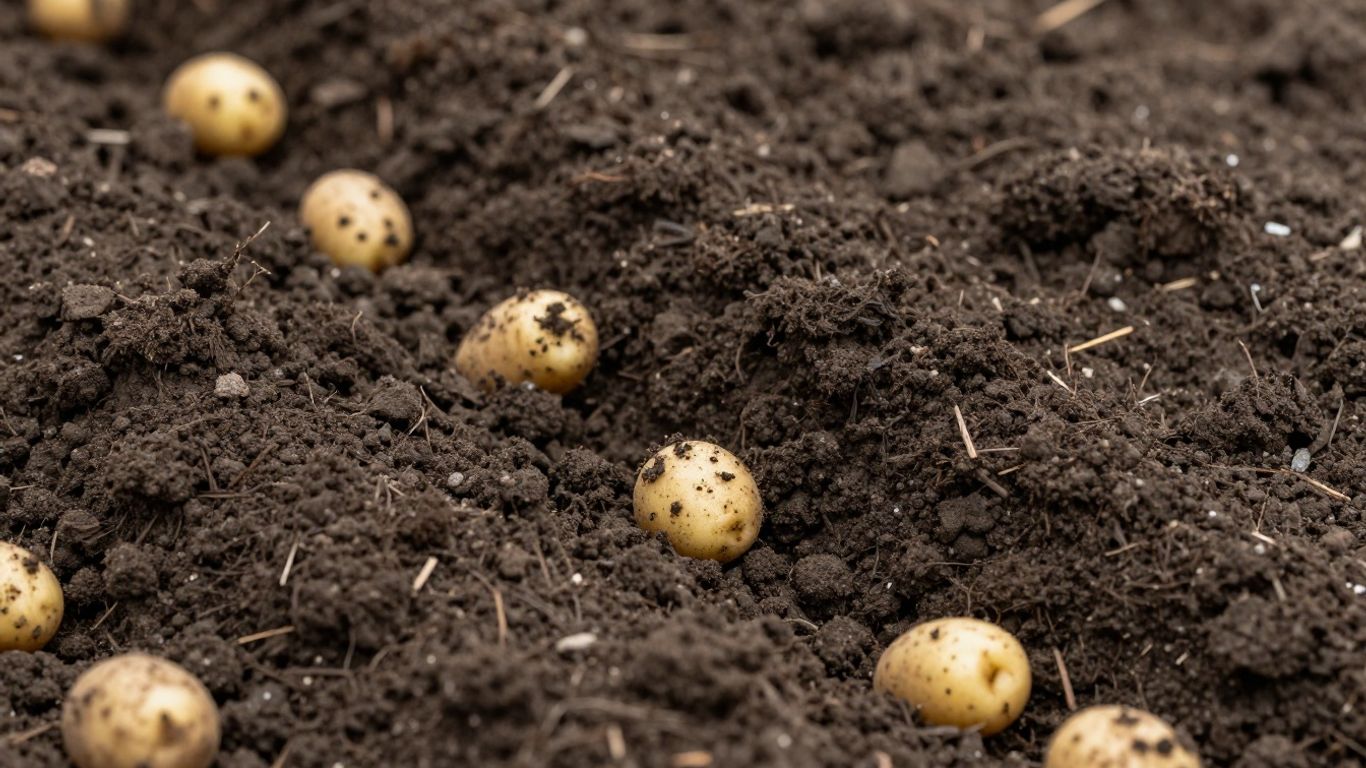 Biologisch pootgoed in voorbereide, donkere aarde.