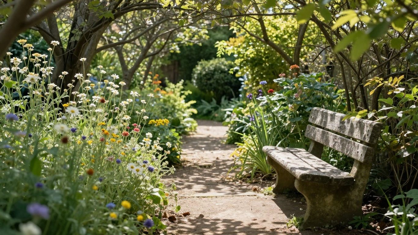 Peaceful garden path with stone bench and wildflowers.