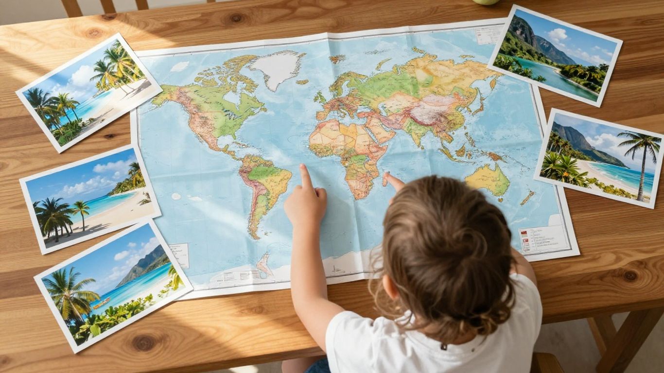 Familia planeando vacaciones en un mapa del mundo.