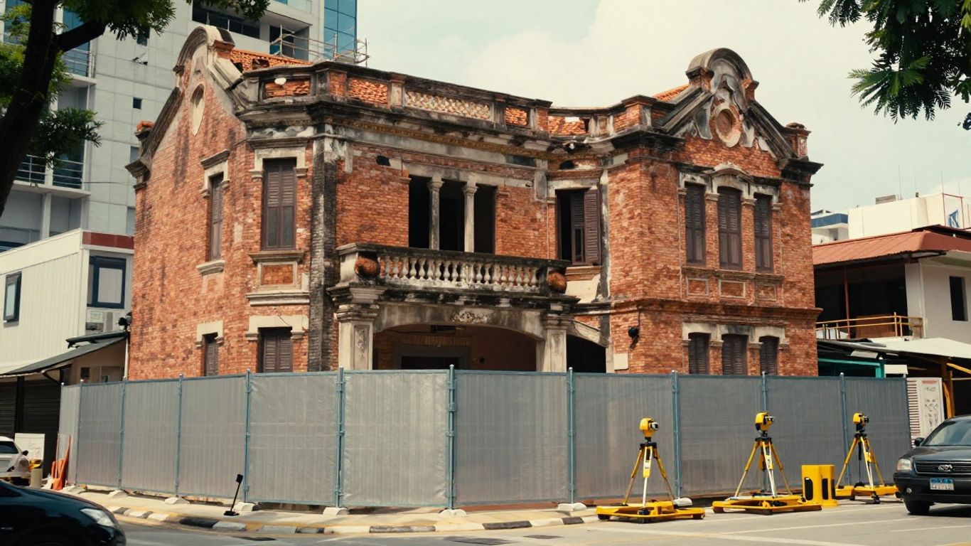 Historic masonry building beside a deep excavation