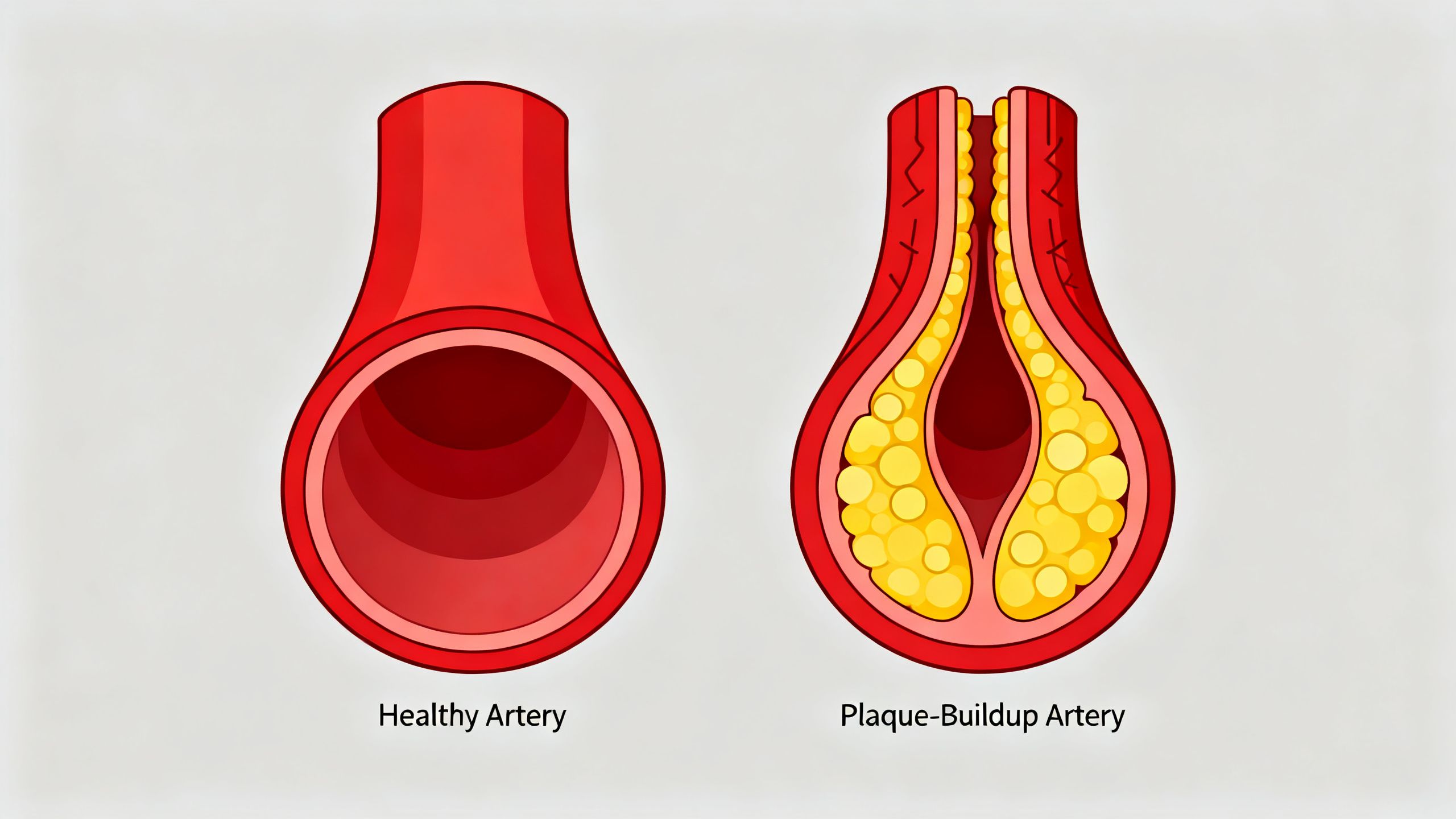 A clean, graphic medical illustration showing the cross-section of a healthy artery versus an artery with plaque buildup.