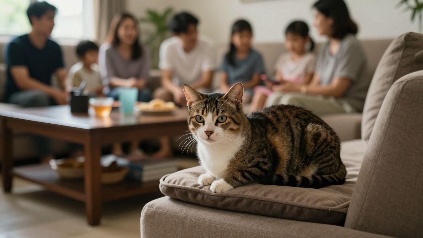 Cat watching unfamiliar guests from a quiet hiding place